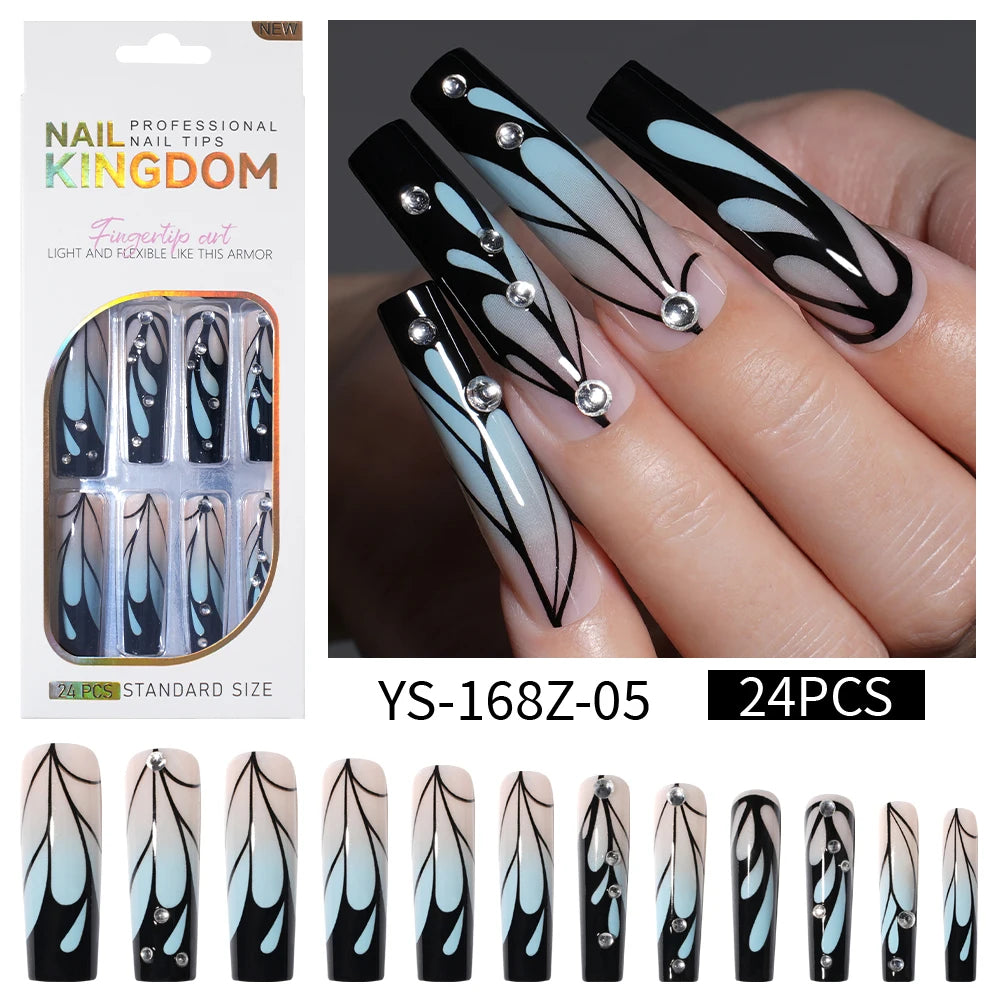 Private Label Wholesale Custom 24pcs French Style Press on Nail Long Square Rhinestone Luxury Press on Nails With Diamond