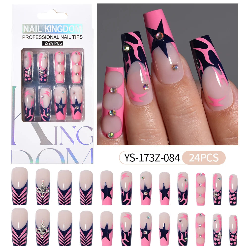 Manufacturer Direct Supply 24pcs Luxury Decorated False Nails Long Coffin Handmade 3d Gel Nail Art French Press on Nails
