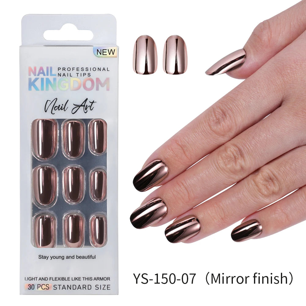 Custom Private Label 24pcs Short Round Solid Color Glittery Mirror False Nails Matte or Mirror Effect Press on Nails Set
