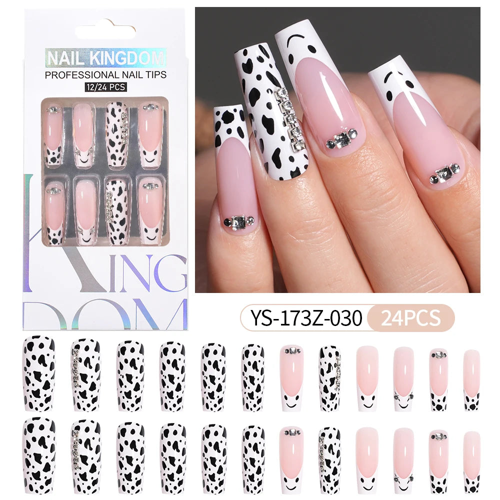 Manufacturer Direct Supply 24pcs Luxury Decorated False Nails Long Coffin Handmade 3d Gel Nail Art French Press on Nails