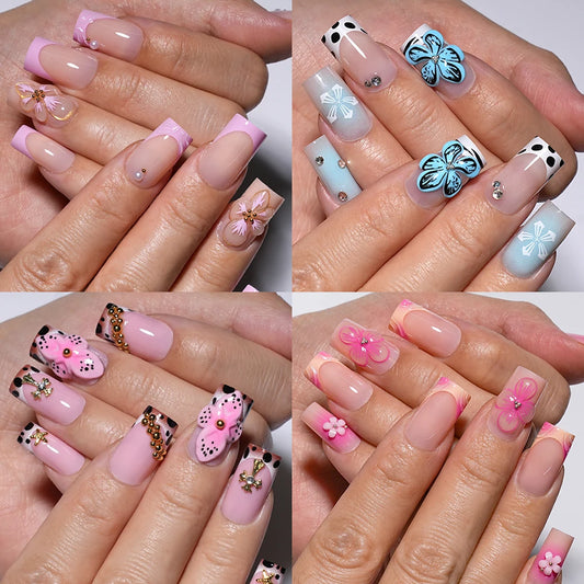 Wholesale Private Label 30pcs Acrylic 3D Luxury False Nails French Flower Design Short Square Press on Nails for Nail Art Salon