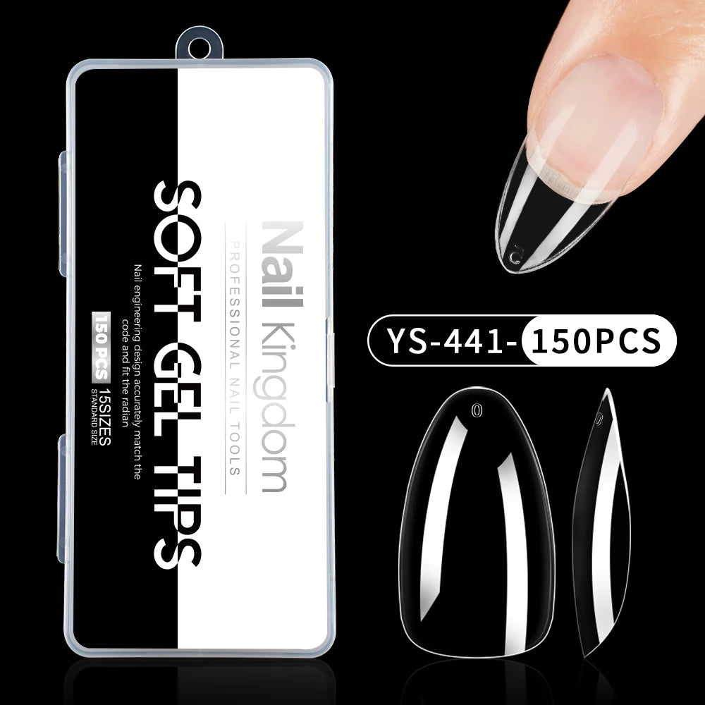 Wholesale False Nail Art Tips 15 Size Full Cover Traceless Transparent Clear Coffin Stiletto Square Almond Soft Gel Nail Tips