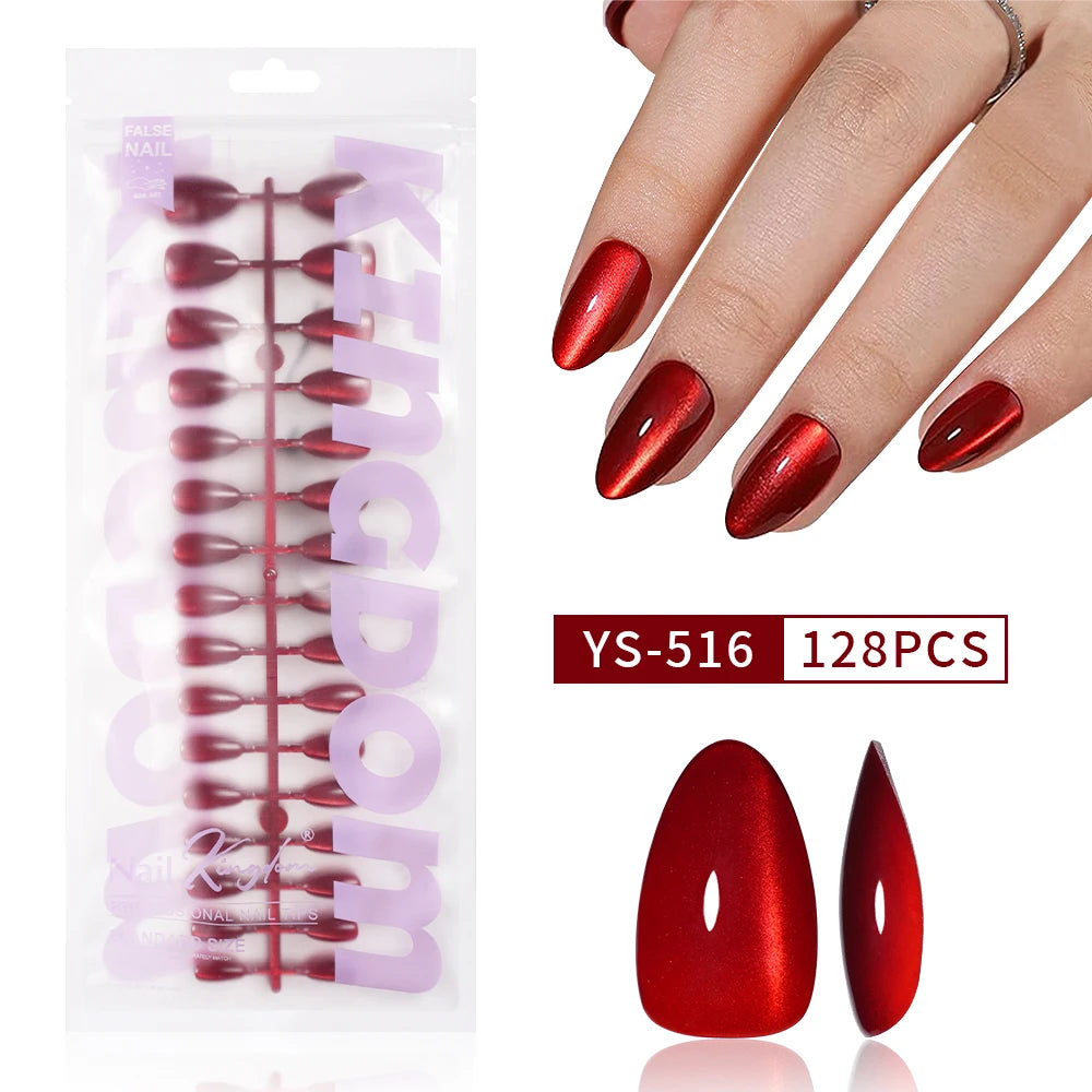 32pcs/128pcs Custom Cherry Wine Crystal Cat Eye False Nails Reusable Solid Color Short Almond Red Cat Eye Press on Nails Art