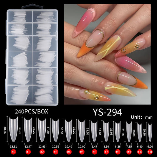 Wholesale ODM OEM Long Stiletto False Nails 240pcs 12sizes Traceless Half Cover Clear Long Stiletto Square Round Matte Nail Tips