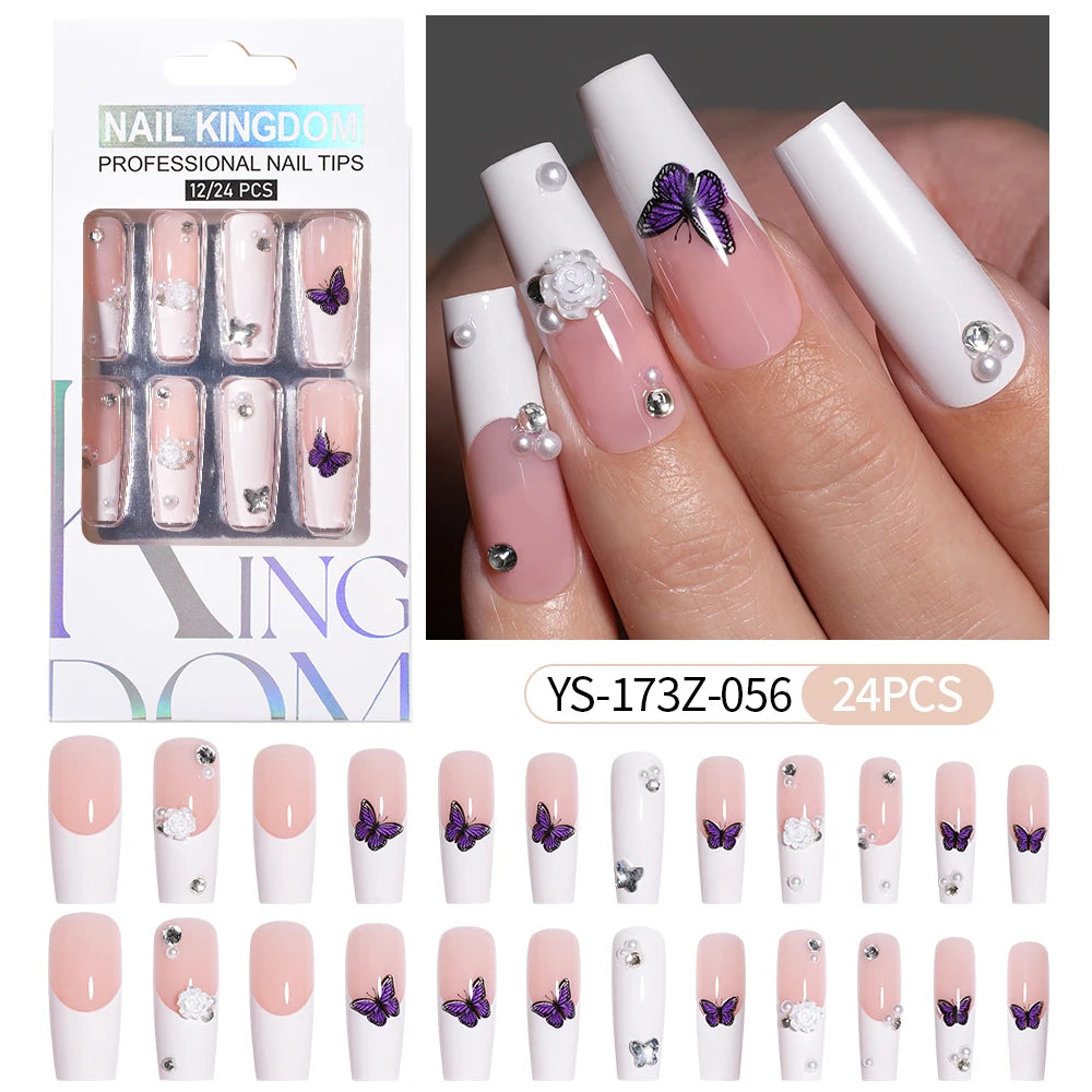 Manufacturer Direct Supply 24pcs Luxury Decorated False Nails Long Coffin Handmade 3d Gel Nail Art French Press on Nails