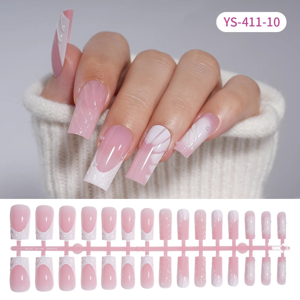 Custom Designed Luxury Diamond False Nails Full Cover Medium Square Handmade 3D Flower Rhinestone Gel French Press on Nails