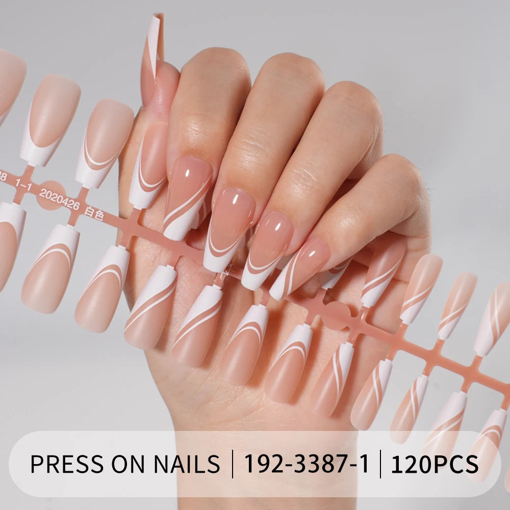 Private Label 120PCS/Bag French Artificial Fingernails Nude White Full Cover Long Square Handmade French Soft Gel Press on Nails