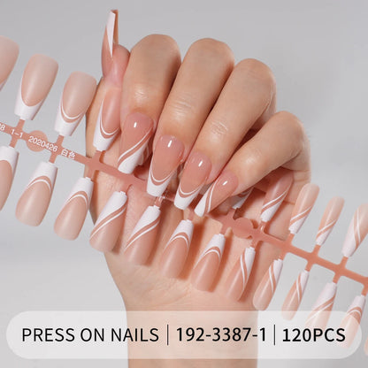 Private Label 120PCS/Bag French Artificial Fingernails Nude White Full Cover Long Square Handmade French Soft Gel Press on Nails
