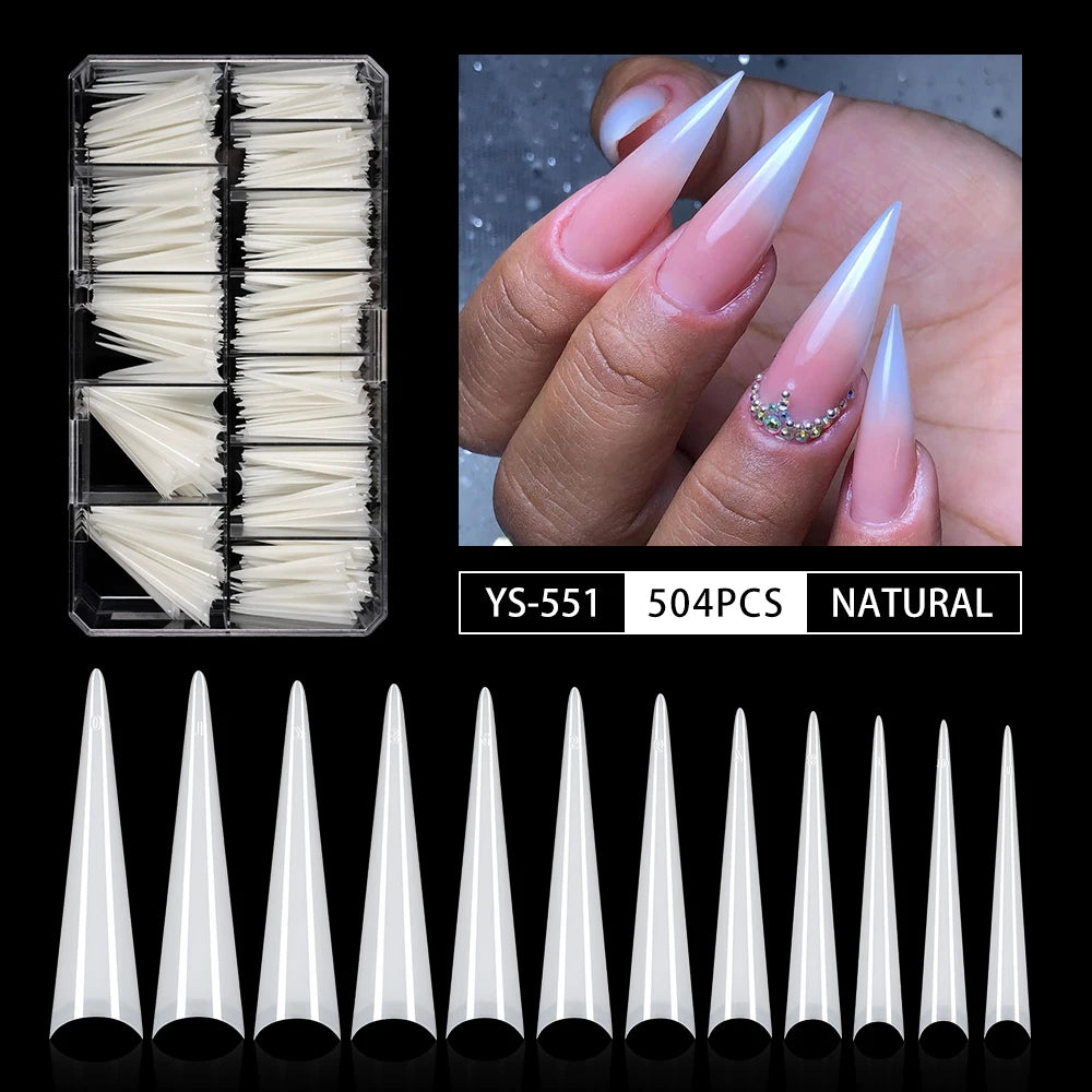 Wholesale Extra Long 504pcs Stiletto Nail Tips Long Pointed Nail Extensions for Finger Nature Clear Half Cover Manicure Design