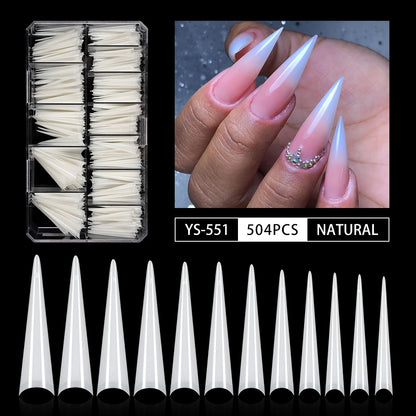 Wholesale Extra Long 504pcs Stiletto Nail Tips Long Pointed Nail Extensions for Finger Nature Clear Half Cover Manicure Design
