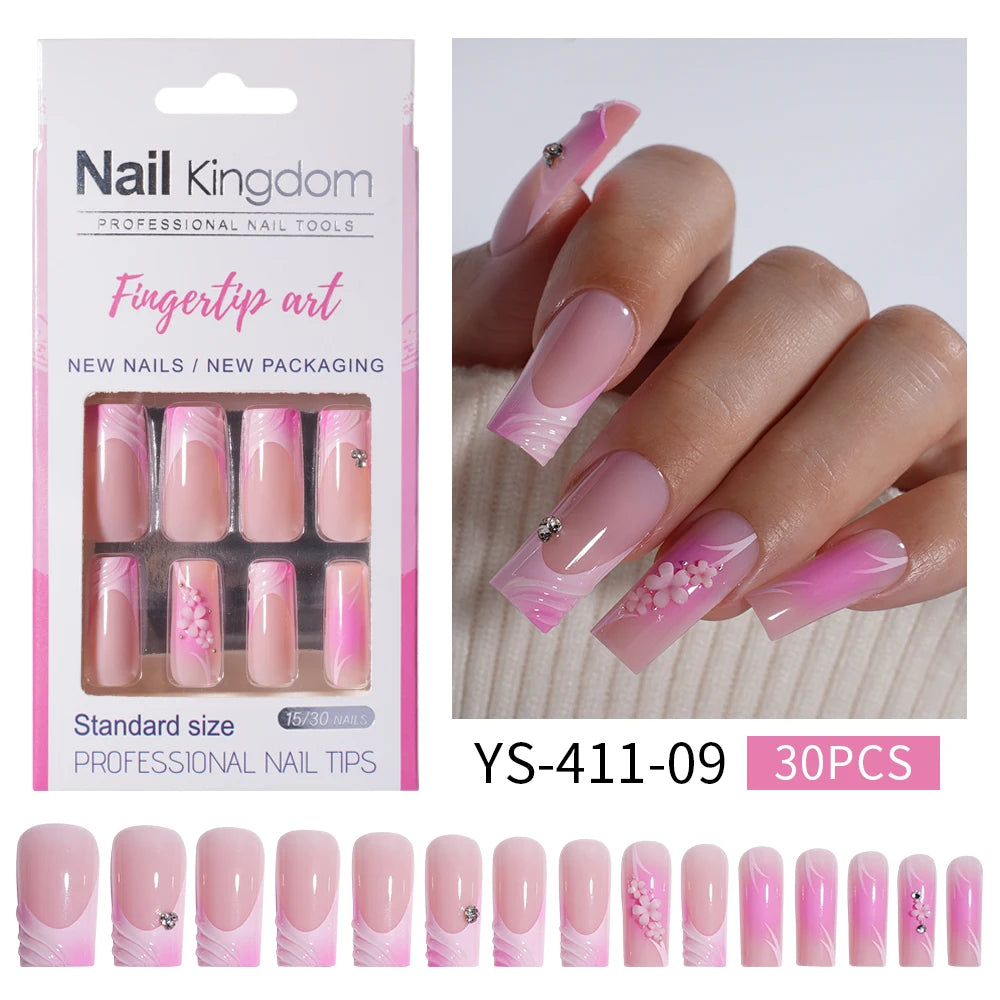 Nail Supplier Custom 30PCS Acrylic Designed Press on Nails Art Handmade Medium Square 3D Flower Gel French Press on Nails