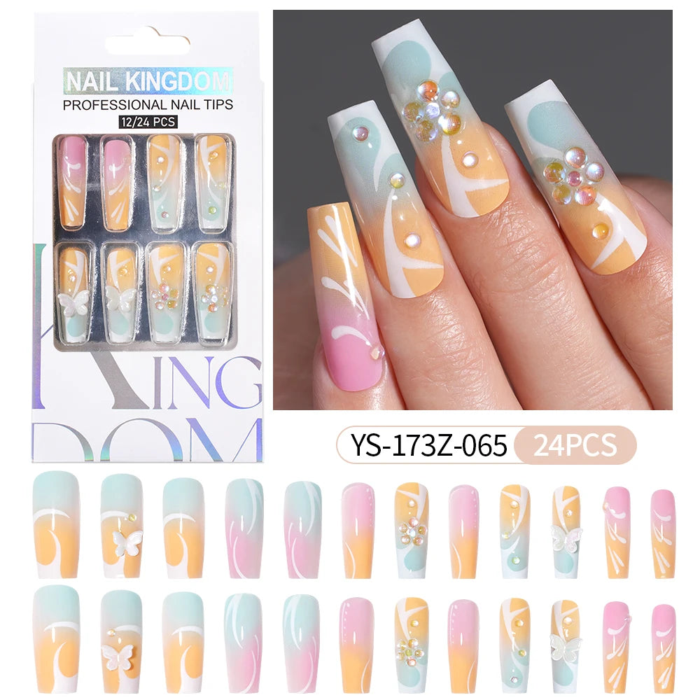 Manufacturer Direct Supply 24pcs Luxury Decorated False Nails Long Coffin Handmade 3d Gel Nail Art French Press on Nails