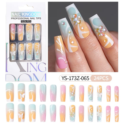 Manufacturer Direct Supply 24pcs Luxury Decorated False Nails Long Coffin Handmade 3d Gel Nail Art French Press on Nails