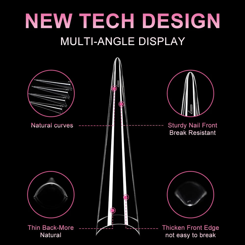 Wholesale Extra Long 504pcs Stiletto Nail Tips Long Pointed Nail Extensions for Finger Nature Clear Half Cover Manicure Design