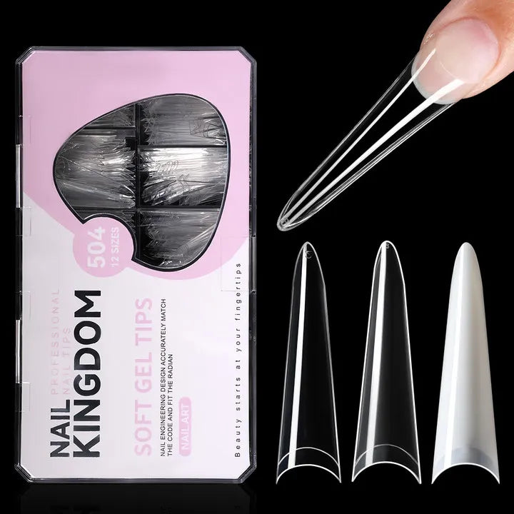 New Design OEM Long Stiletto False Nails 504pcs 12sizes Half Cover Soft Gel Traceless Natural Clear XXL Stiletto Nail Tips