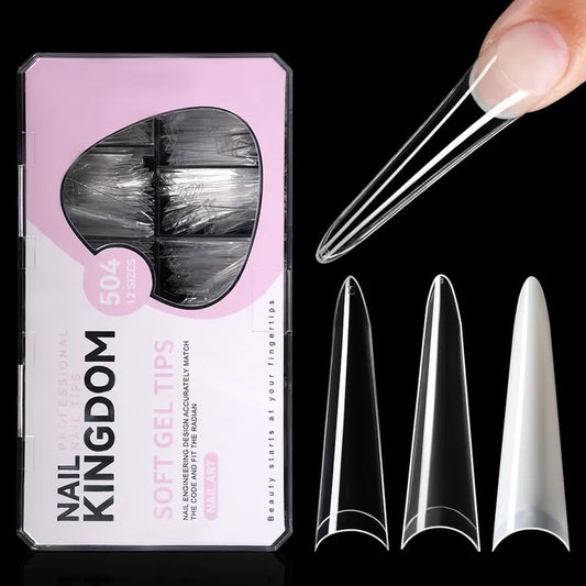 New Design OEM Long Stiletto False Nails 504pcs 12sizes Half Cover Soft Gel Traceless Natural Clear XXL Stiletto Nail Tips