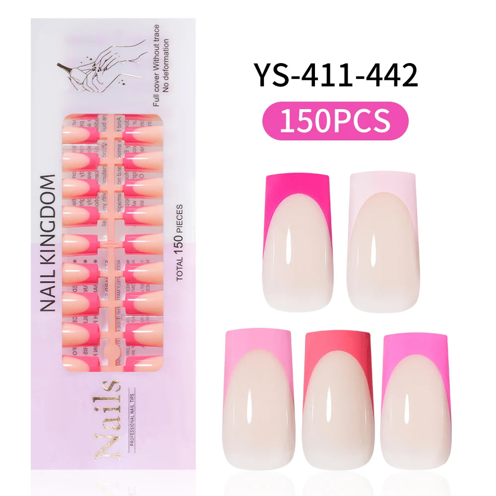 Nail Supplier 150PCS Pink French Tip Wearable Nail Long Short Square Almond Full Cover Pink Solid Color French Press on Nail