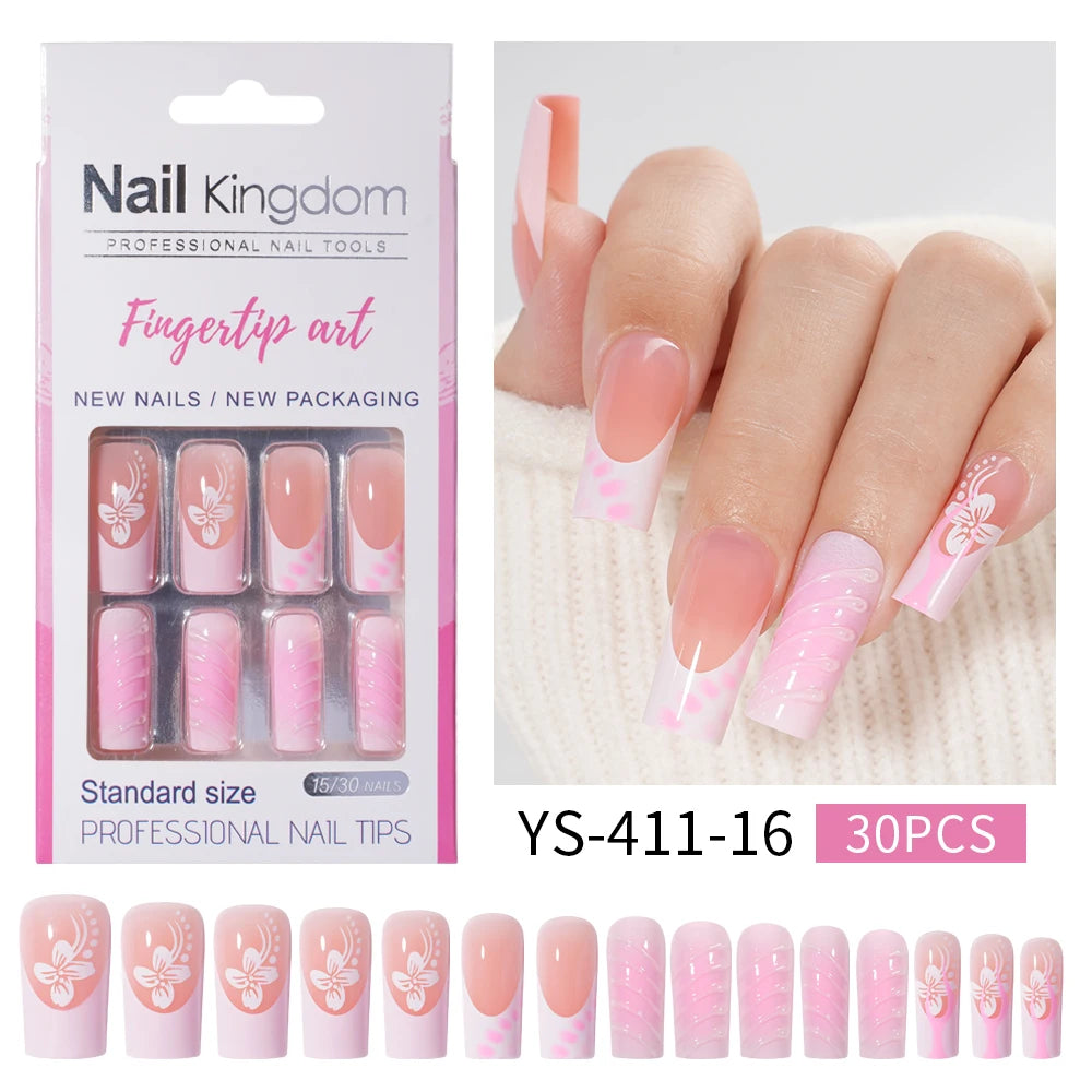 Nail Supplier Custom 30PCS Acrylic Designed Press on Nails Art Handmade Medium Square 3D Flower Gel French Press on Nails