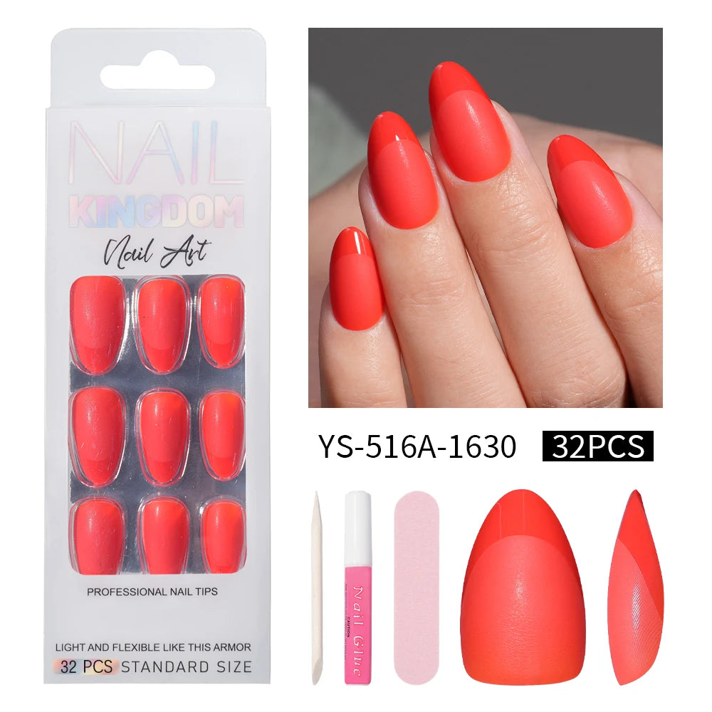 Wholesale 32PCS French Nails Press on Red Black Pink Color Short Almond Half Matte Press on Nails French Glitter Tip