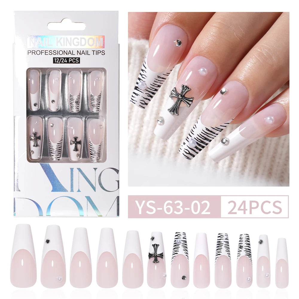 Wholesale Diy French Nail Art Design Press on Nail Long Coffin 3D Diamond Flower Luxury French Press on Nails with Jelly Glue