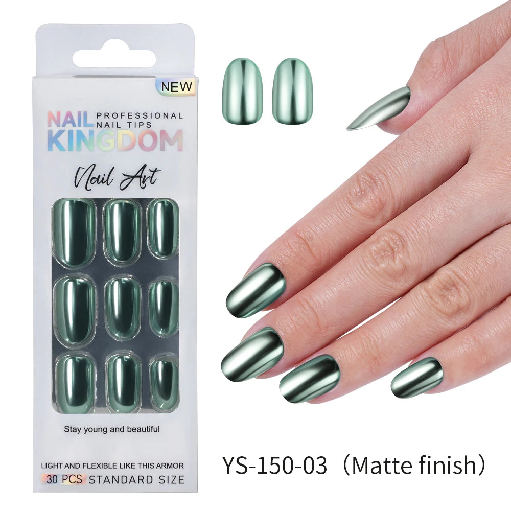 Custom Private Label 24pcs Short Round Solid Color Glittery Mirror False Nails Matte or Mirror Effect Press on Nails Set