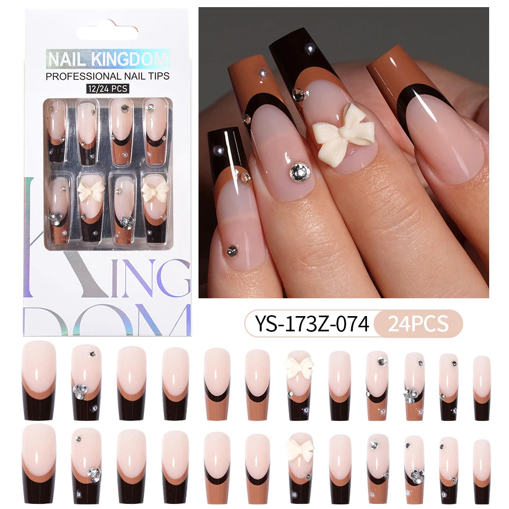 Manufacturer Direct Supply 24pcs Luxury Decorated False Nails Long Coffin Handmade 3d Gel Nail Art French Press on Nails