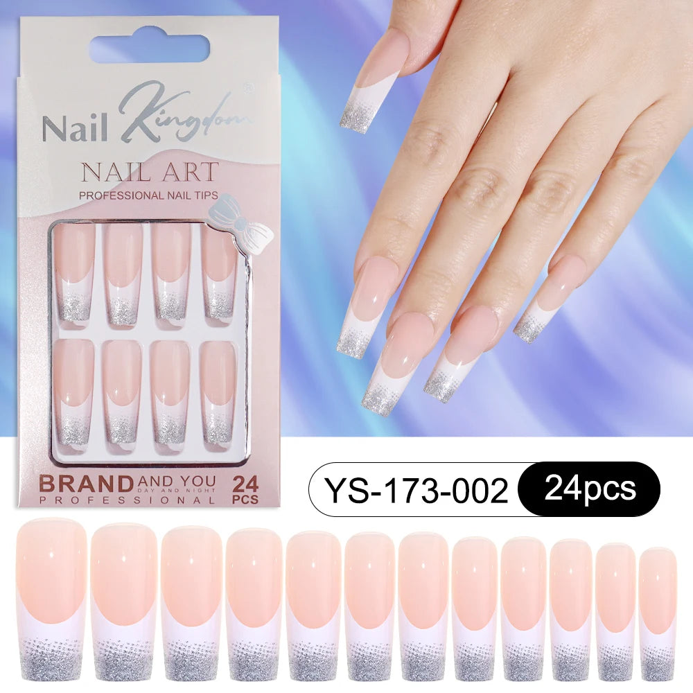 Wholesale Custom 24pcs Reusable Handmade Long Square Luxury French Tip Press on Nails for Nails Supplies Salon with Nail Tools