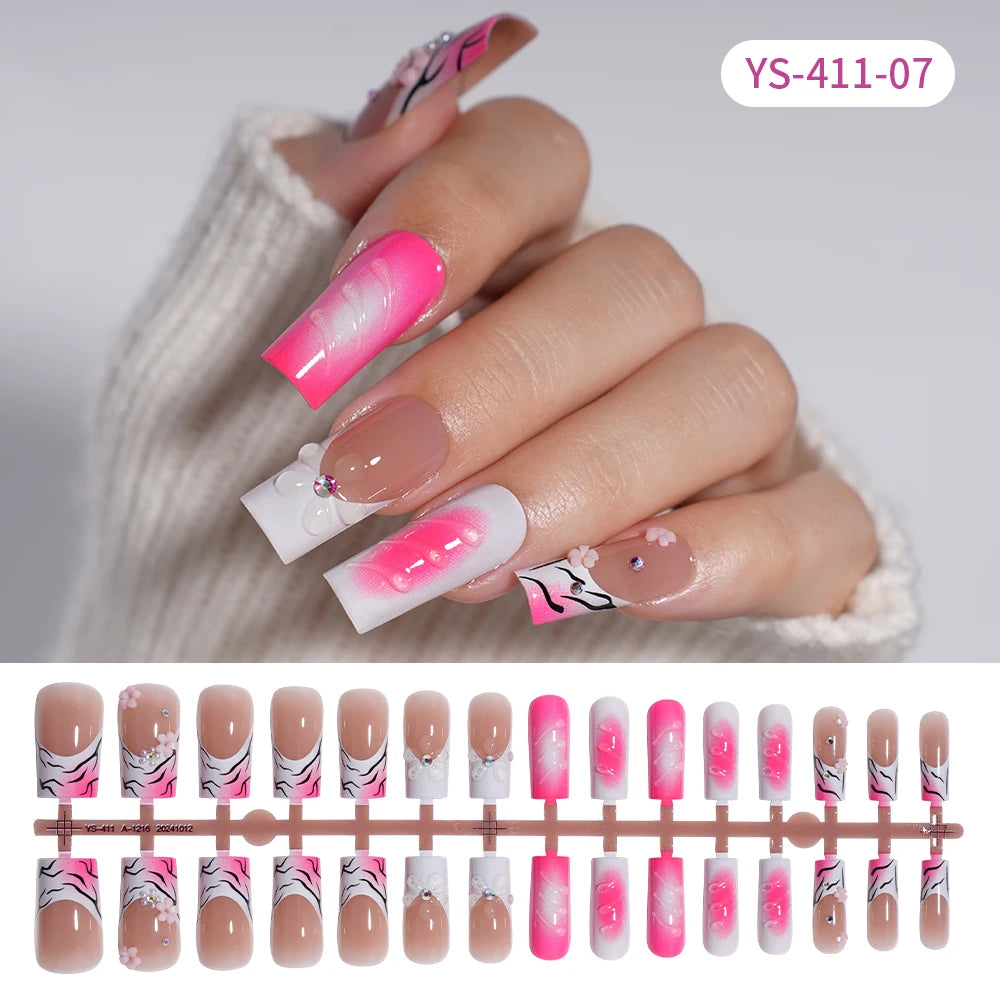 Custom Designed Luxury Diamond False Nails Full Cover Medium Square Handmade 3D Flower Rhinestone Gel French Press on Nails