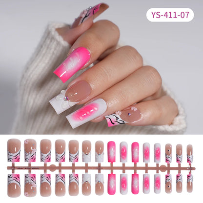 Custom Designed Luxury Diamond False Nails Full Cover Medium Square Handmade 3D Flower Rhinestone Gel French Press on Nails