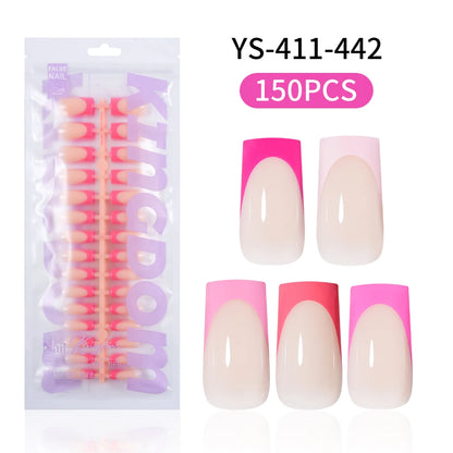 Nail Supplier 150PCS Pink French Tip Wearable Nail Long Short Square Almond Full Cover Pink Solid Color French Press on Nail