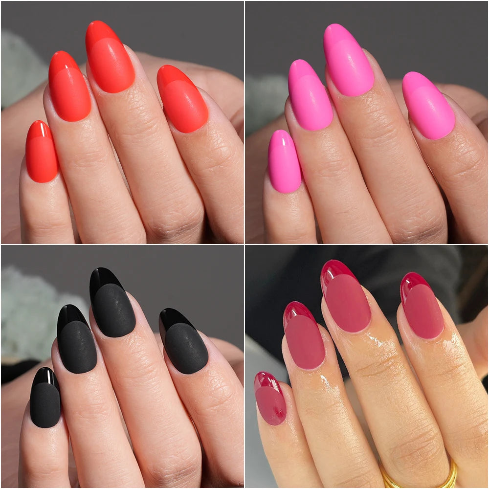 Wholesale 128PCS French Nails Press on Red Black Pink Solid Color Short Almond Half Matte Press on Nails French Glitter Tip