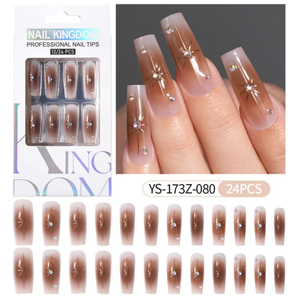 Manufacturer Direct Supply 24pcs Luxury Decorated False Nails Long Coffin Handmade 3d Gel Nail Art French Press on Nails