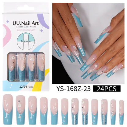 Private Label Wholesale Custom 24pcs French Style Press on Nail Long Square Rhinestone Luxury Press on Nails With Diamond