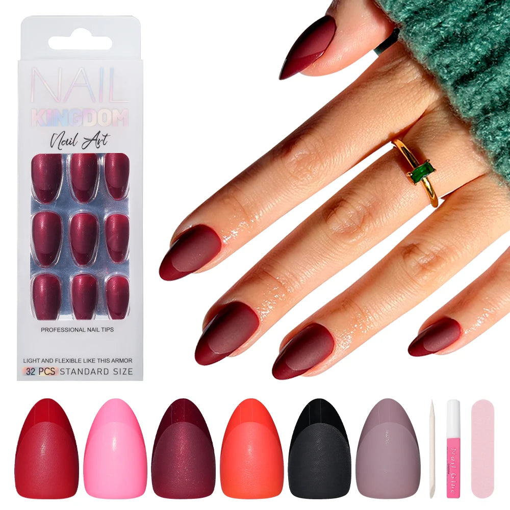 Wholesale 32PCS French Nails Press on Red Black Pink Color Short Almond Half Matte Press on Nails French Glitter Tip