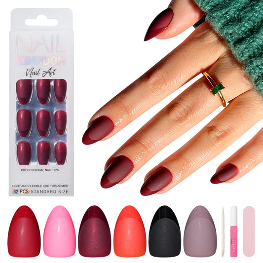 Wholesale 32PCS French Nails Press on Red Black Pink Color Short Almond Half Matte Press on Nails French Glitter Tip
