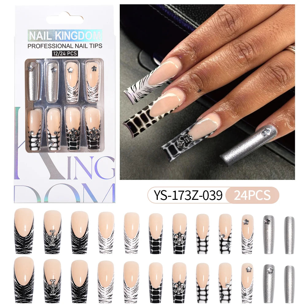Manufacturer Direct Supply 24pcs Luxury Decorated False Nails Long Coffin Handmade 3d Gel Nail Art French Press on Nails