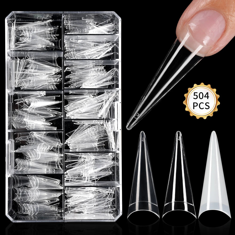 Long Stiletto False Nails 504pcs 12sizes Half Cover Traceless Natural Clear Stiletto Nail Tips