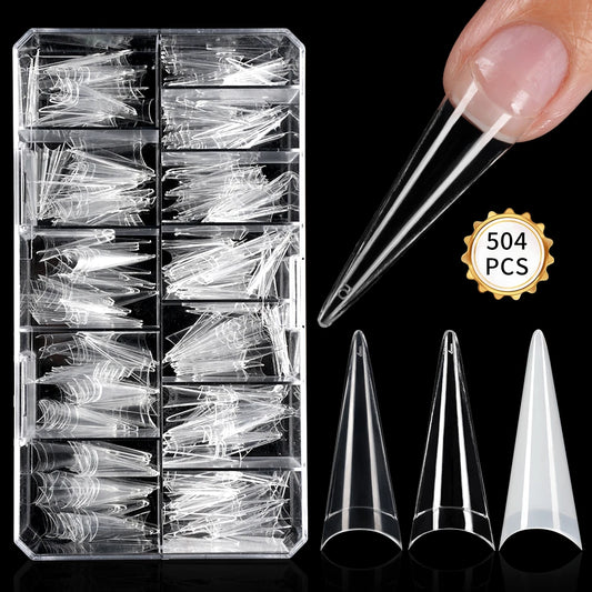 Long Stiletto False Nails 504pcs 12sizes Half Cover Traceless Natural Clear Stiletto Nail Tips