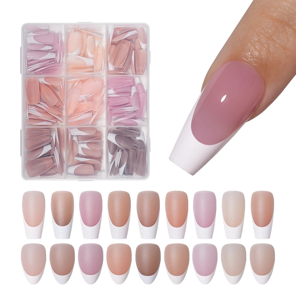 Private Label 270pcs Nude Pink Nail Tips Press on Gel Nails French White Tips Almond Coffin Handmade French Press on Nails Strip