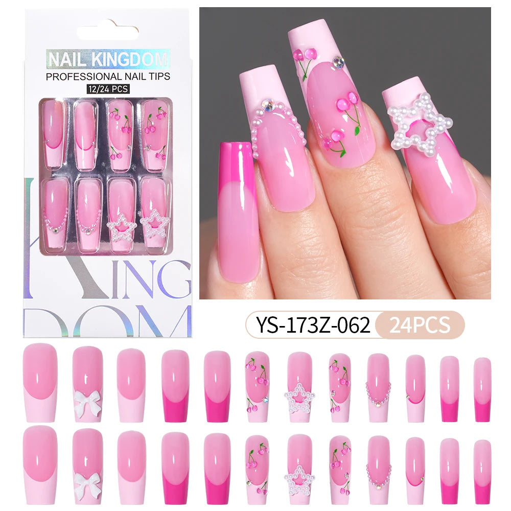 Manufacturer Direct Supply 24pcs Luxury Decorated False Nails Long Coffin Handmade 3d Gel Nail Art French Press on Nails