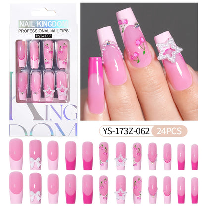 Manufacturer Direct Supply 24pcs Luxury Decorated False Nails Long Coffin Handmade 3d Gel Nail Art French Press on Nails