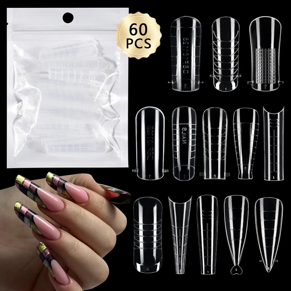 Wholesale Factory 60pcs Plastic Nail Art Mould Tips Clear Quick Building Extension Tool Stiletto Almond Square Nail Forms