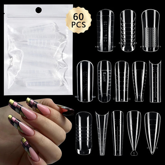 Wholesale Factory 60pcs Plastic Nail Art Mould Tips Clear Quick Building Extension Tool Stiletto Almond Square Nail Forms