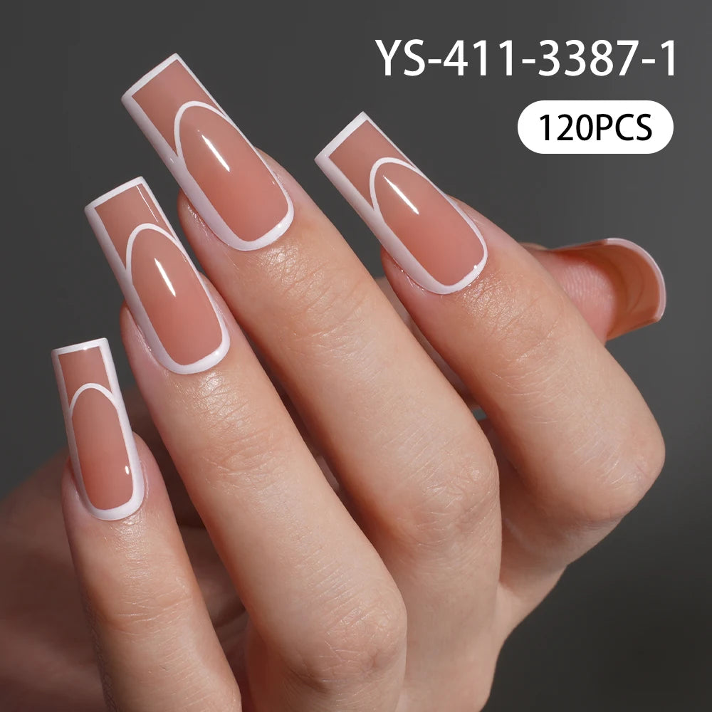 120PCS/Bag French Artificial Fingernails Custom Logo Nude Color Full Cover Long Square False Nails French Press on Nails