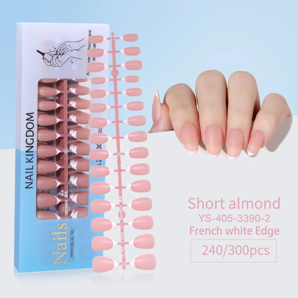240pcs French Gel X Tips Press on Long Almond False Nails Premade Designed X Coat Tips Full Cover French Tip Press on Nails