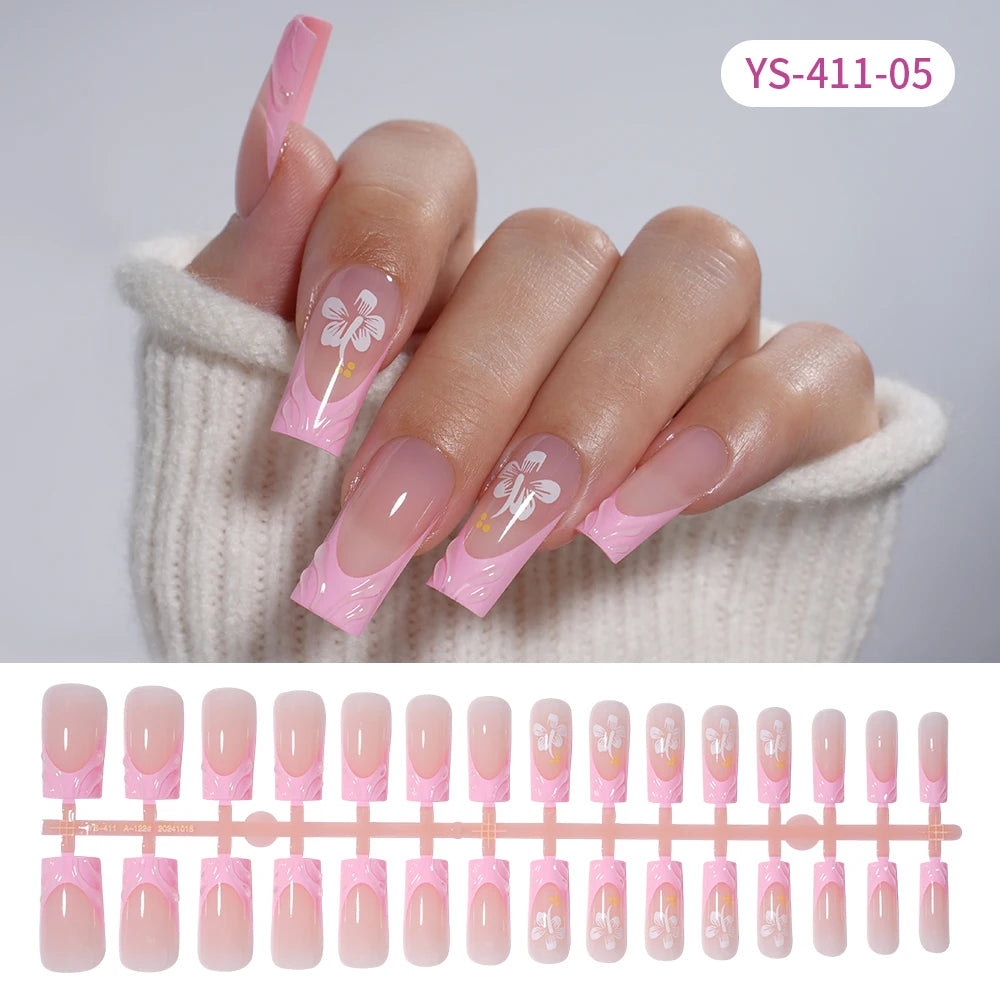 Custom Designed Luxury Diamond False Nails Full Cover Medium Square Handmade 3D Flower Rhinestone Gel French Press on Nails
