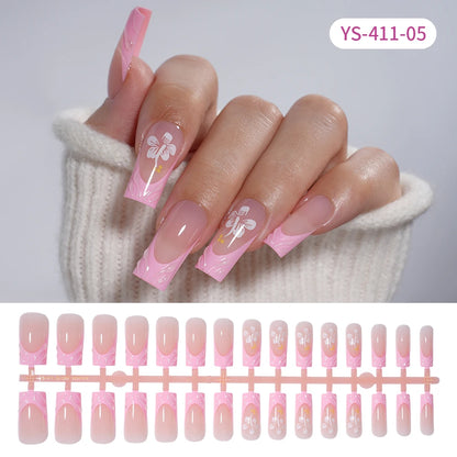 Custom Designed Luxury Diamond False Nails Full Cover Medium Square Handmade 3D Flower Rhinestone Gel French Press on Nails