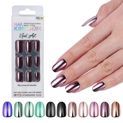 Custom Private Label 24pcs Short Round Solid Color Glittery Mirror False Nails Matte or Mirror Effect Press on Nails Set