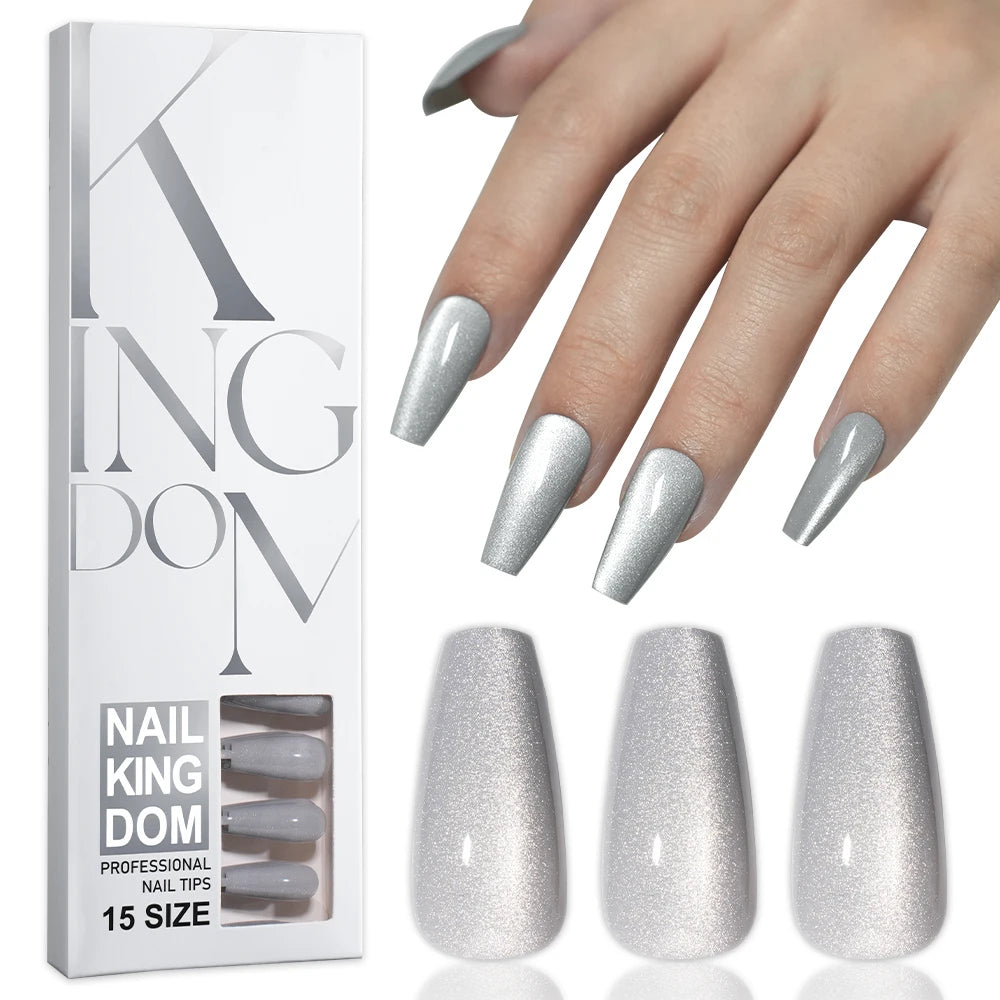 Wholesale OEM 120PCS Pink Purple Gray Cat Eye False Nails Design Luxury Glitter Cat Eye Solid Color Handmade Press on Nails Set
