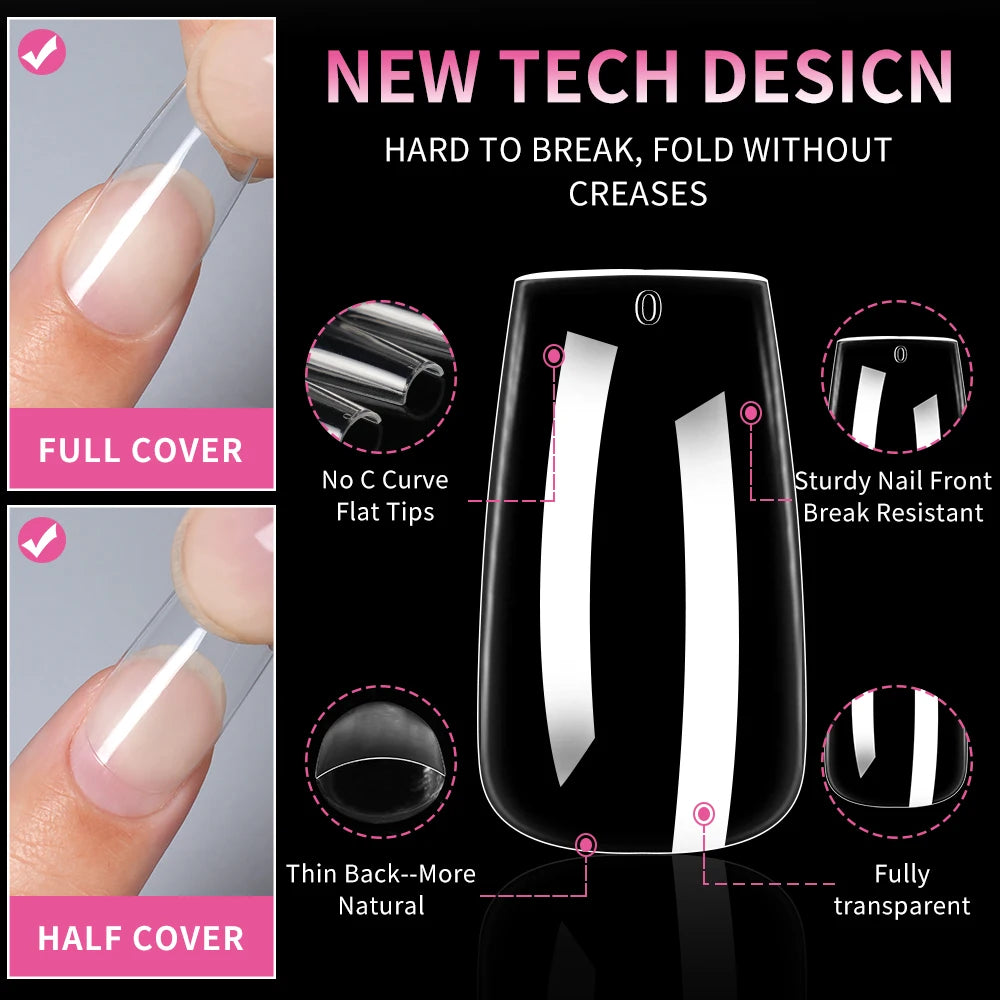 Wholesale False Nail Art Tips 15 Size Full Cover Traceless Transparent Clear Coffin Stiletto Square Almond Soft Gel Nail Tips
